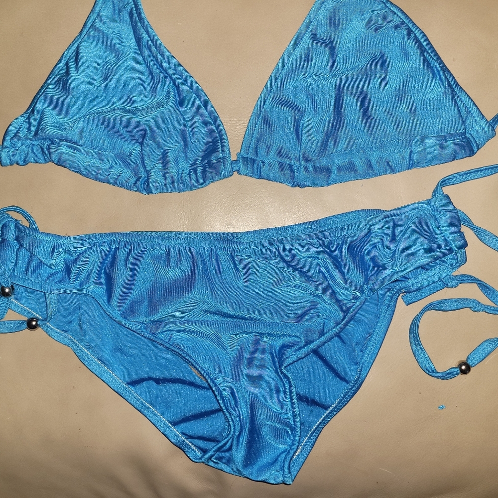 Light Blue Bling Tri-Top Tie-Side Bottom Bikini - Picture 4 of 7